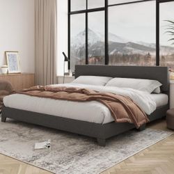 King Bed Frame with Adjustable Headboard, Upholstered Platform Bed with Wood Slats, Heavy Duty Mattress Foundation, No Box Spring Needed, Noise-F