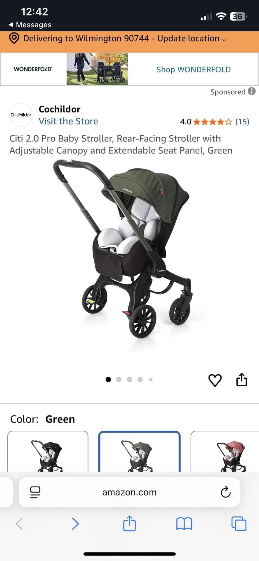 Pro Baby Stroller, Rear-Facing Stroller with Adjustable Canopy and Extendable Seat Panel, Green