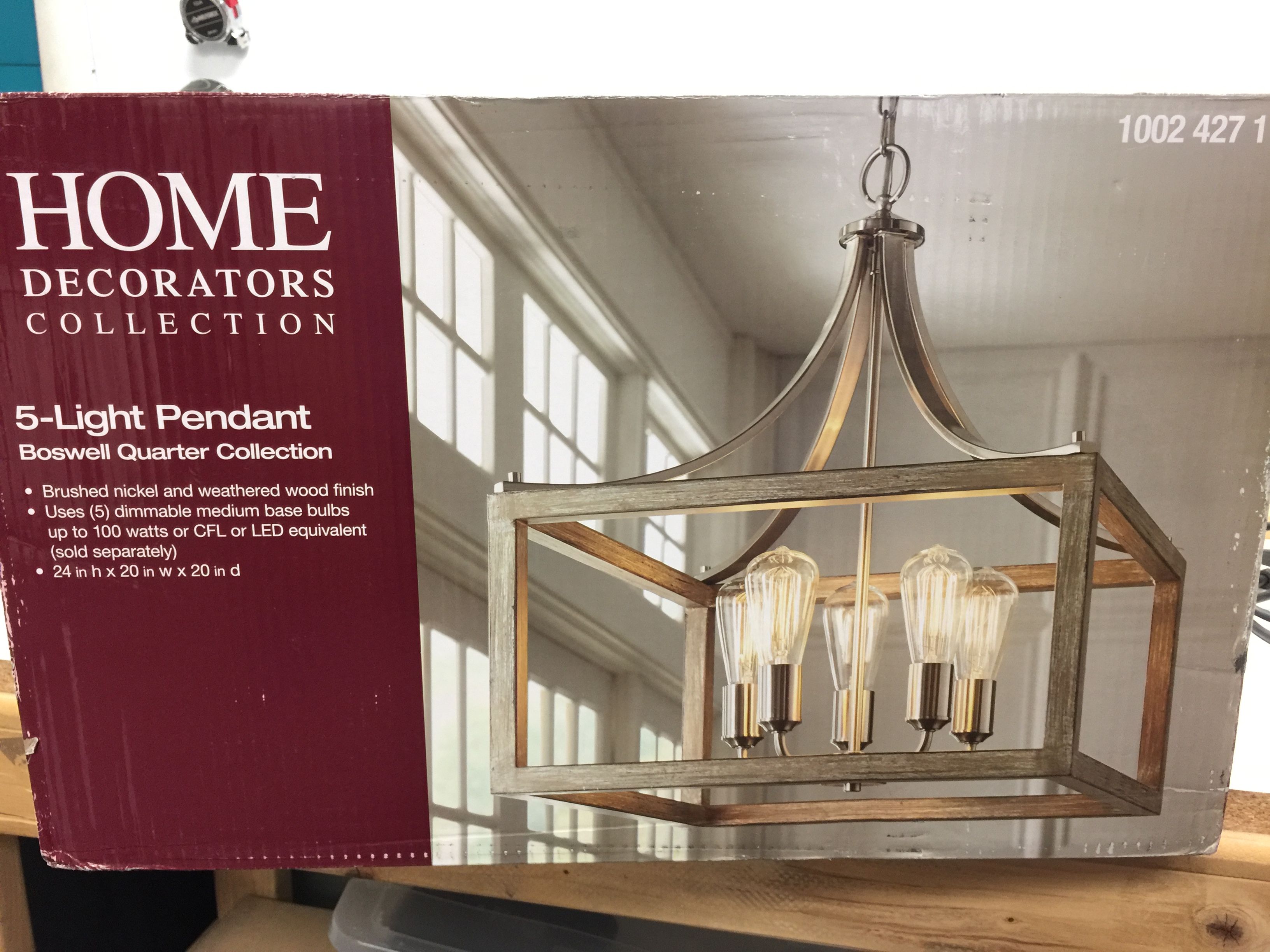 5-Light Brushed Nickel Chandelier - Gray Wood Accents