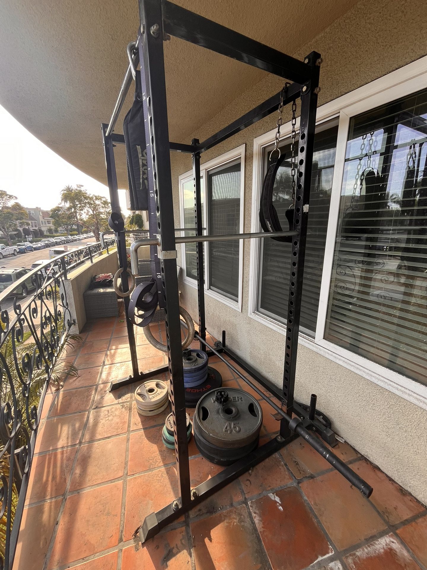 Complete Home Gym: Power Cage, Barbell, 395 Lbs In Weights (Plates) PLUS Inversion Table + Accessories 