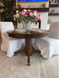 Vintage Solid Oak Pedestal Dining Table With Leaf