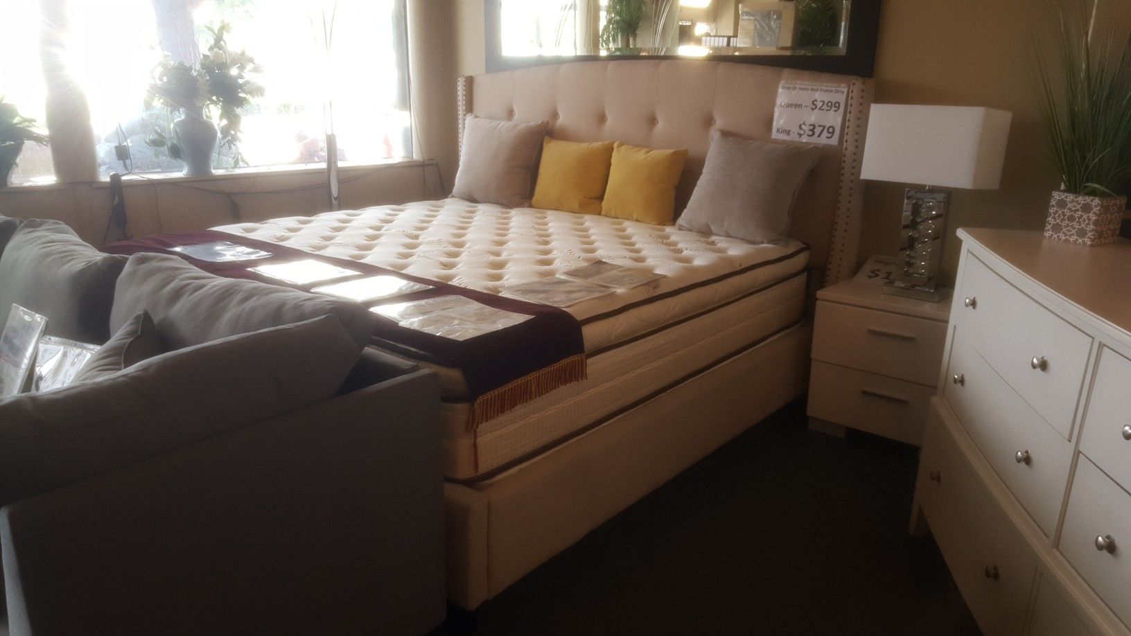 Brand new biege linen king bedframe + 14