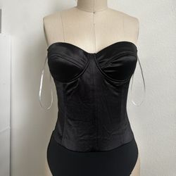 New With Tags: Black Satin Strapless Bustier Bodysuit