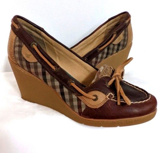 Sperry TOP-SIDER Plaid Lace-Up Womens Wedges Size 8.5