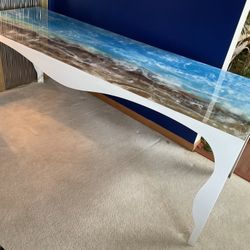 EXCELLENT FOR HOLIDAY BUFFET TABLE..  Reduced.. GREAT FOR PATIO….LARGE STEAL TABLE …TOP COATING HAND MADE WITH EXPOXY…OCEAN CRASH LOOK…A TALKED ABOUT 