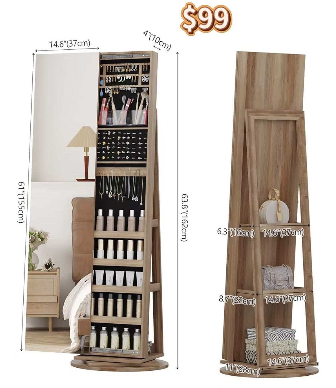 😀 360° Swivel Jewelry Cabinet with Full Length Mirror, 63" Large Jewelry Armoire Organizer, Lockable Mirror with Jewelry Storage