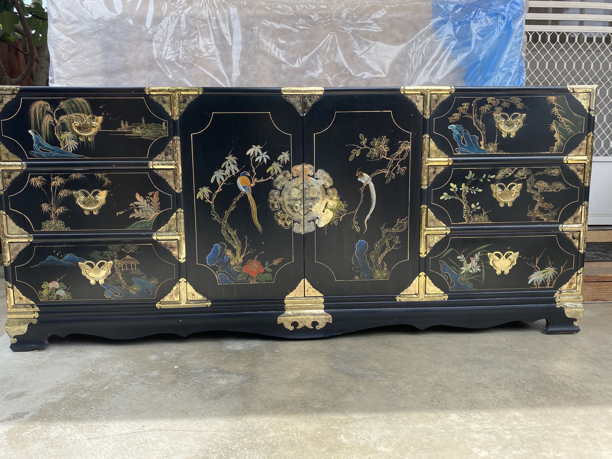 Vintage Korean Tansu Chinoiserie Style Credenza 72” L x 31” H x 18” D Hand Painted