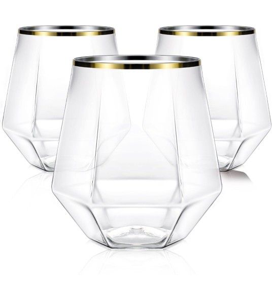 40 Pcak Plastic Stemless Wine cocktail Whiskey Champagne Glasses, 12 Oz Gold Rim Disposable Clear Unbreakable Cups for Party Bars Wedding Tasting (Dia