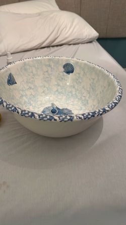 Large Ceramic Bowl with Blue Seashell Design