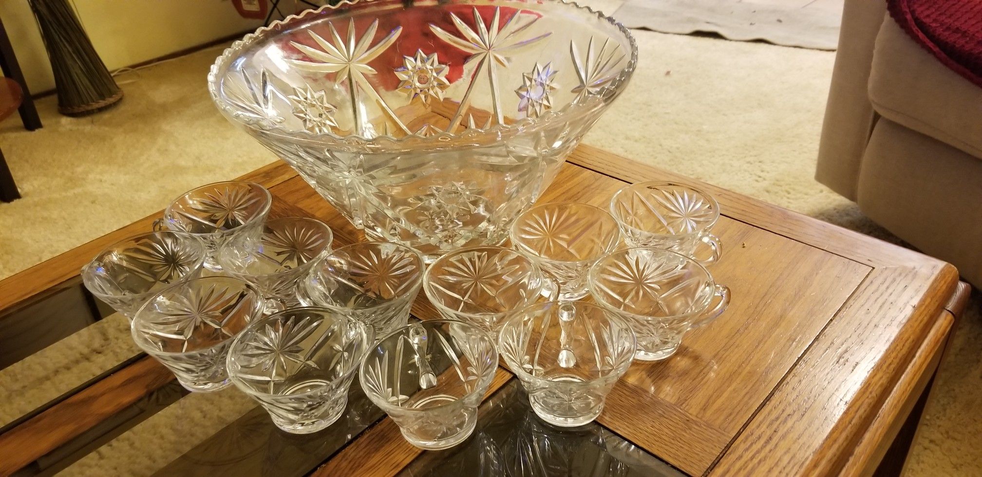 Vintage Glass Punch Bowl Set and 12 Matching Glasses