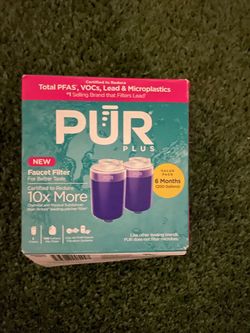 Brand new and factory-sealed box of Genuine PUR PLUS Faucet Mount Replacement Water Filters (2-Pack).