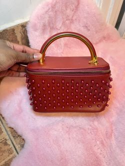 Red Pearl Studded Box Handbag Gold Handle
