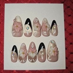 Press-On Nails | Long Almond | Beige Cateye w/ Pink, Black, White Paint & 3D Flowers (#12)