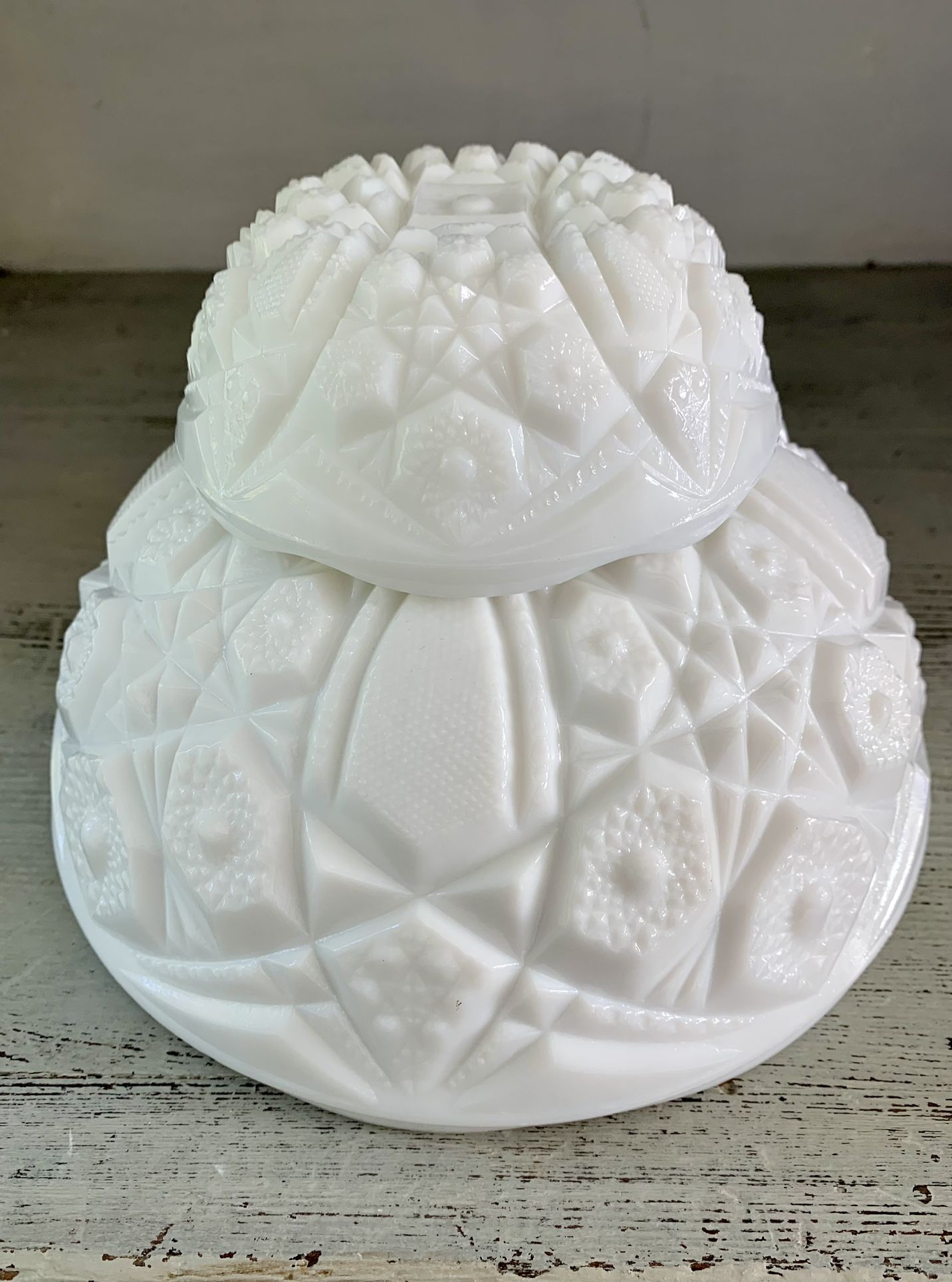 Vintage McKee milk glass chip and dip bowl set Small bowl is 4 1/2 wide by 2” deep Large bowl is 8” wide by  3 1/2” deep Nice heavier weighted glass 