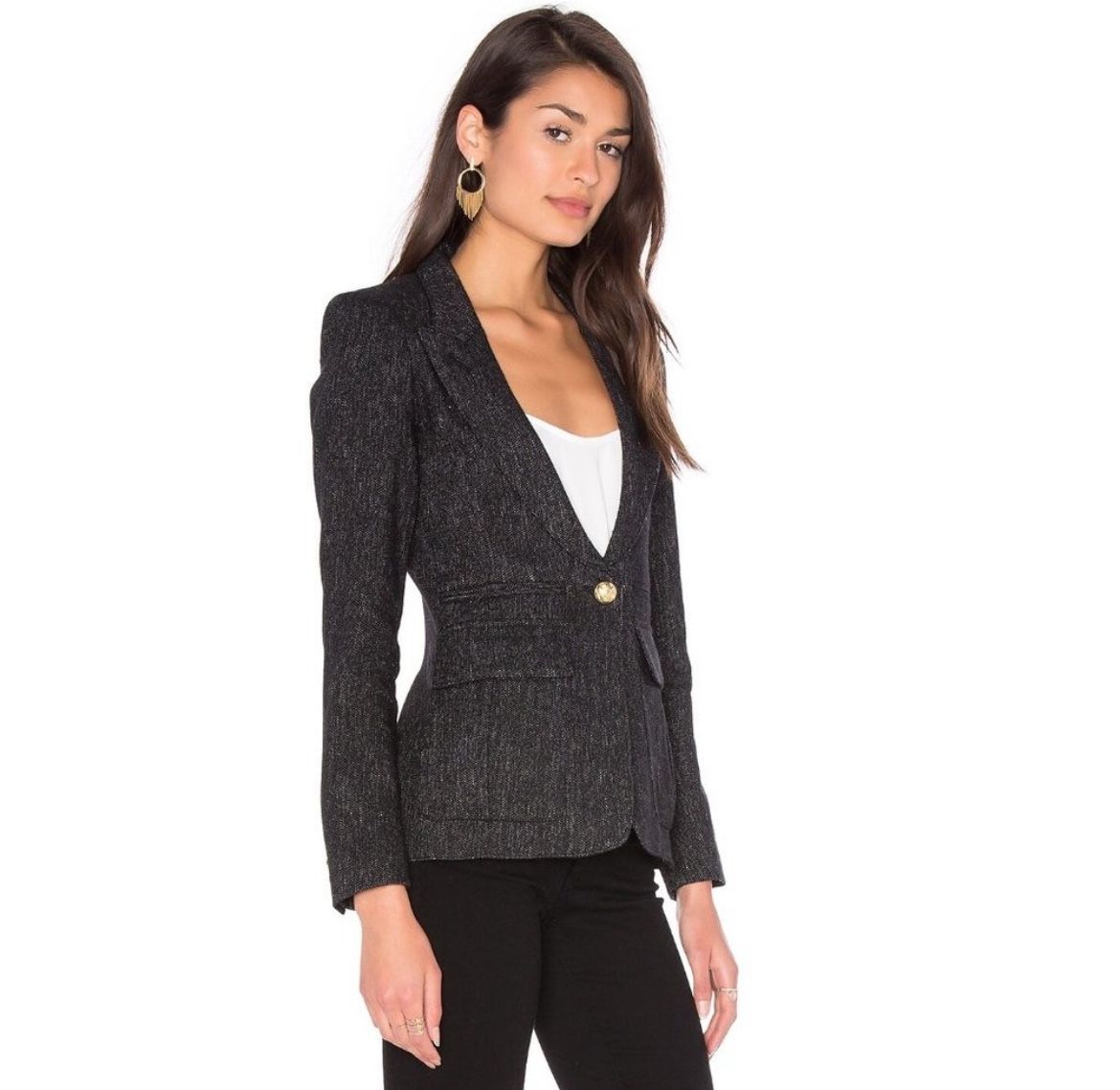 Smythe inverted lapel pleat pocket black tweed gold button blazer jacket 4