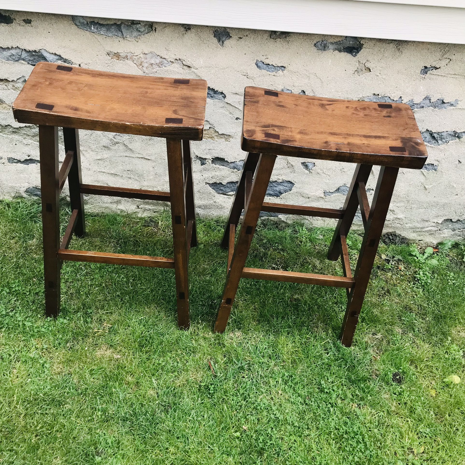 Pair of Walnut Saddle Style Bar Stools 29” Wooden