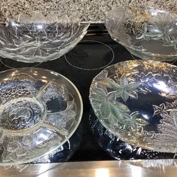 Decorative Glass Etched Serving Trays And Glass Bowls 