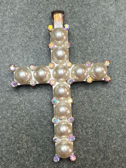 Large Faux Pearl & Rhinestone Cross Pendant