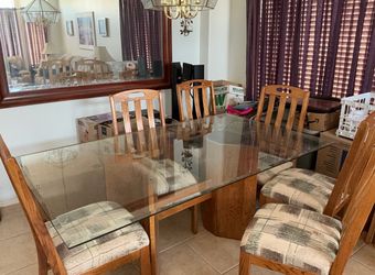 Brown wood dining table set with bench