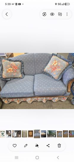 Vintage Blue Floral Loveseat with Throw Pillows