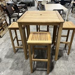 Modern 5PC Patio Bar Set – 100% FSC Solid Teak Square Table + Bar Chairs | Brand New | Commercial Grade Heavy Duty | Outdoor | Closeout Deal + Deliver