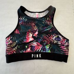 Pre Owned Good Victoria’s Secret PINK  Sports Bra  Tropical Palm Floral Pink Green  Women  Size Large