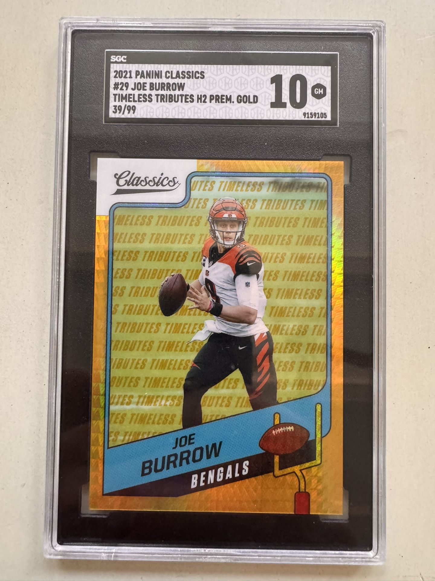 2021 Panini Classics Joe Burrow Timeless Tributes H2 Prem Gold /99 SGC 10