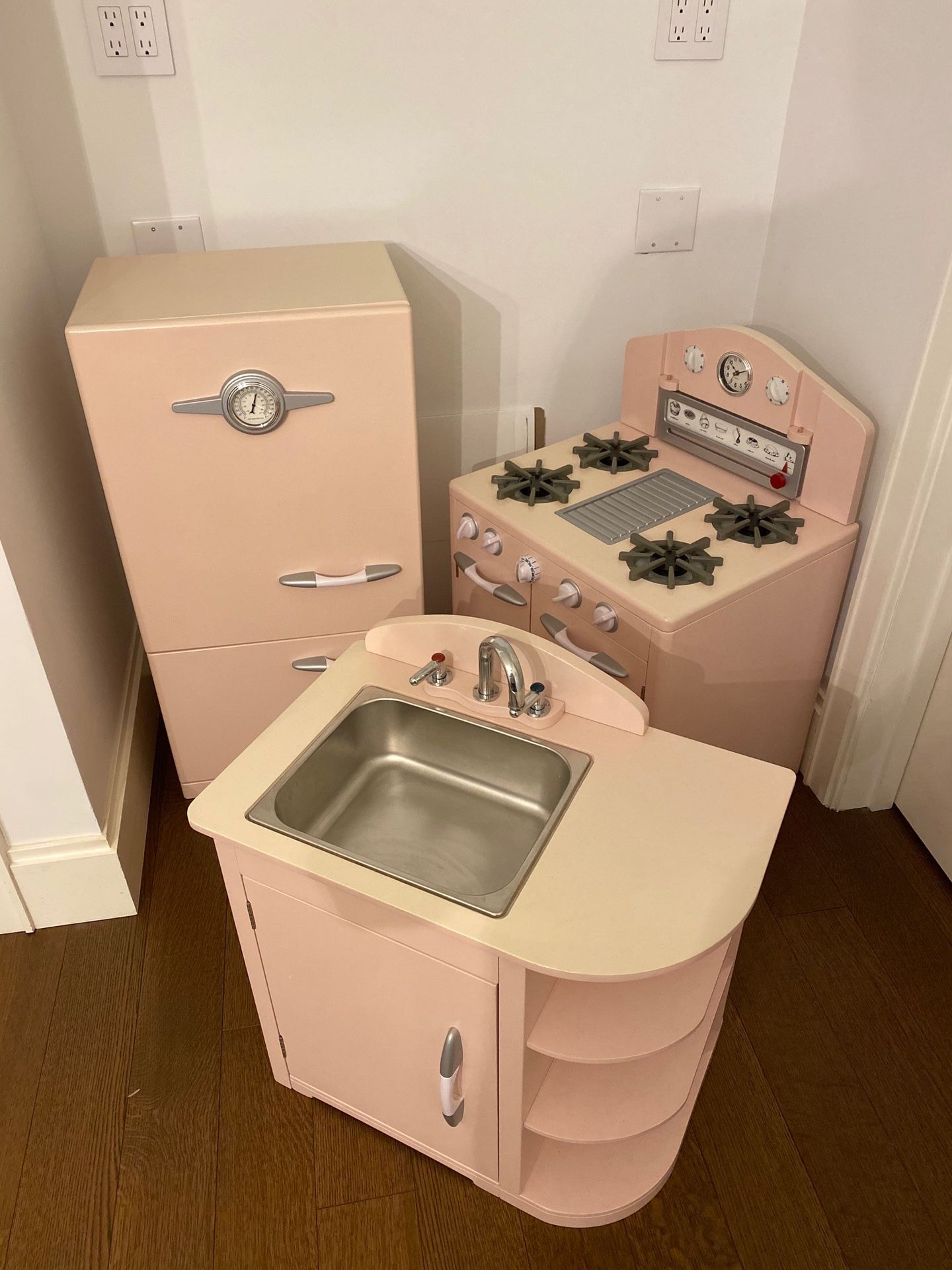 Pottery Barn kids Retro red kitchen set- includes refrigerator, sink, oven  and 4 stainless steel PBK small kitchen appliances. for Sale in Olathe, KS  - OfferUp