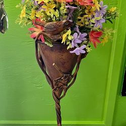 Heavy Metal Vase With Ivy And Bird