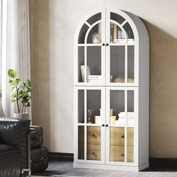 Arched Bookcase,71’’Tall Arched Cabinet with Glass Door Drawers and Shelves, Kichen China Pantry for Living Room,Dining Room (White)  Elegant Arched D