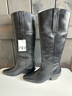 Zara Black Leather Knee-High Western Boots