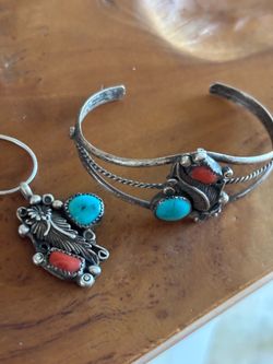 Vintage Navajo sterling silver turquoise and coral cuff bracelet and necklace