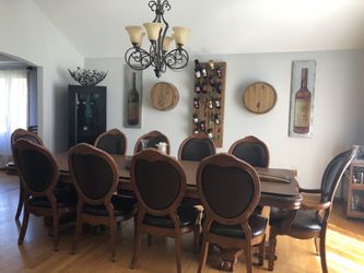 Dining Room Table Set , 10 Leather Chairs & Buffet
