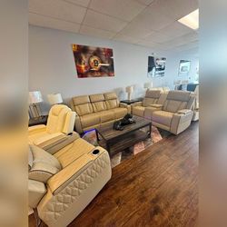 3PC Leather Power recliner sofa set Beige color with Ambient lighting