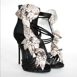 Giuseppe zanotti satin heels with python flowers and crystal detail 
