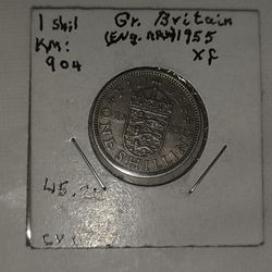 Vintage 1955 United Kingdom 1 Shilling, Elizabeth II 1st portrait , English crest
