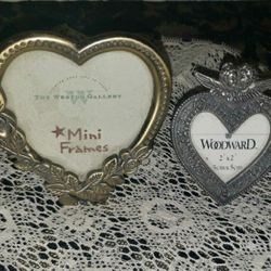 X2 VINTAGE ORNATE SILVER METAL PEWTER LINCO HEART CHERUB ANGEL ROSE FLOWER MINI PICTURE FRAME SET