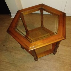 MODERION Solid Wood End Table with Tempered Glass, Oval Sofa Side Table with Storage Shelf, Carvings Side Elegant Vintage, Easy Assembly, for Living R