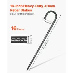 Rebar Stakes, 16-Inch, Heavy-Duty 0.4 in Diameter J Hook, Galvanized Steel Ground Anchors with Chisel Point End & Rust-Resistant Coating, for Gardenin