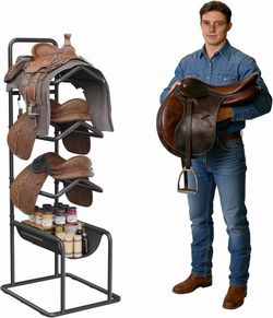 Saddle Rack, 3-Tier Freestanding Saddle Rack Stand for English & Western Horse Saddles, with Oxford Fabric Mat and Side Hooks for Tack and Blanket Sto
