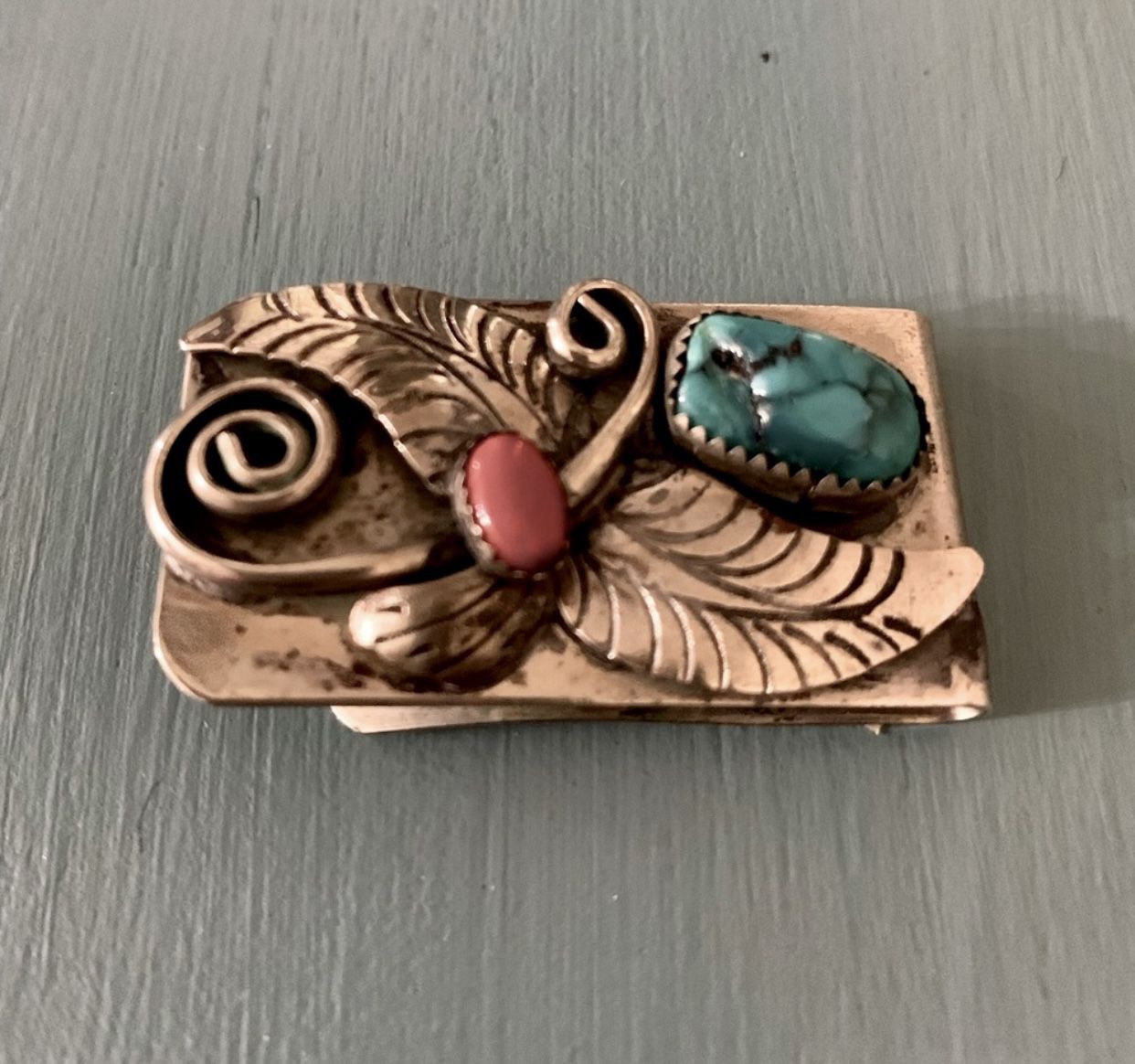 Sterling Silver Money Clip Turquoise Coral. Has not been polished