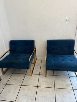 Blue Velvet Tufted Accent Chairs with Gold Frame – Set of 2