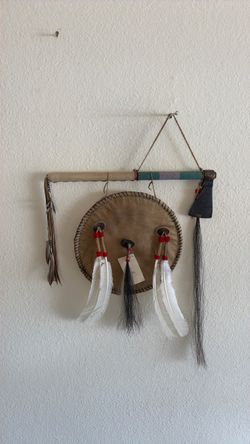 Navajo Native American Darrel Begay Leather Tomahawk Shield Wall Hanging