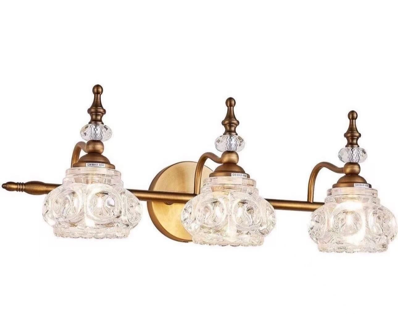 Vintage Bathroom Vanity Light Fixture, 3 Lights Bathroom Lighting Matte Brushed Antique Brass Finish with Crystal Glass Shade, Vintage Vanity Light fo