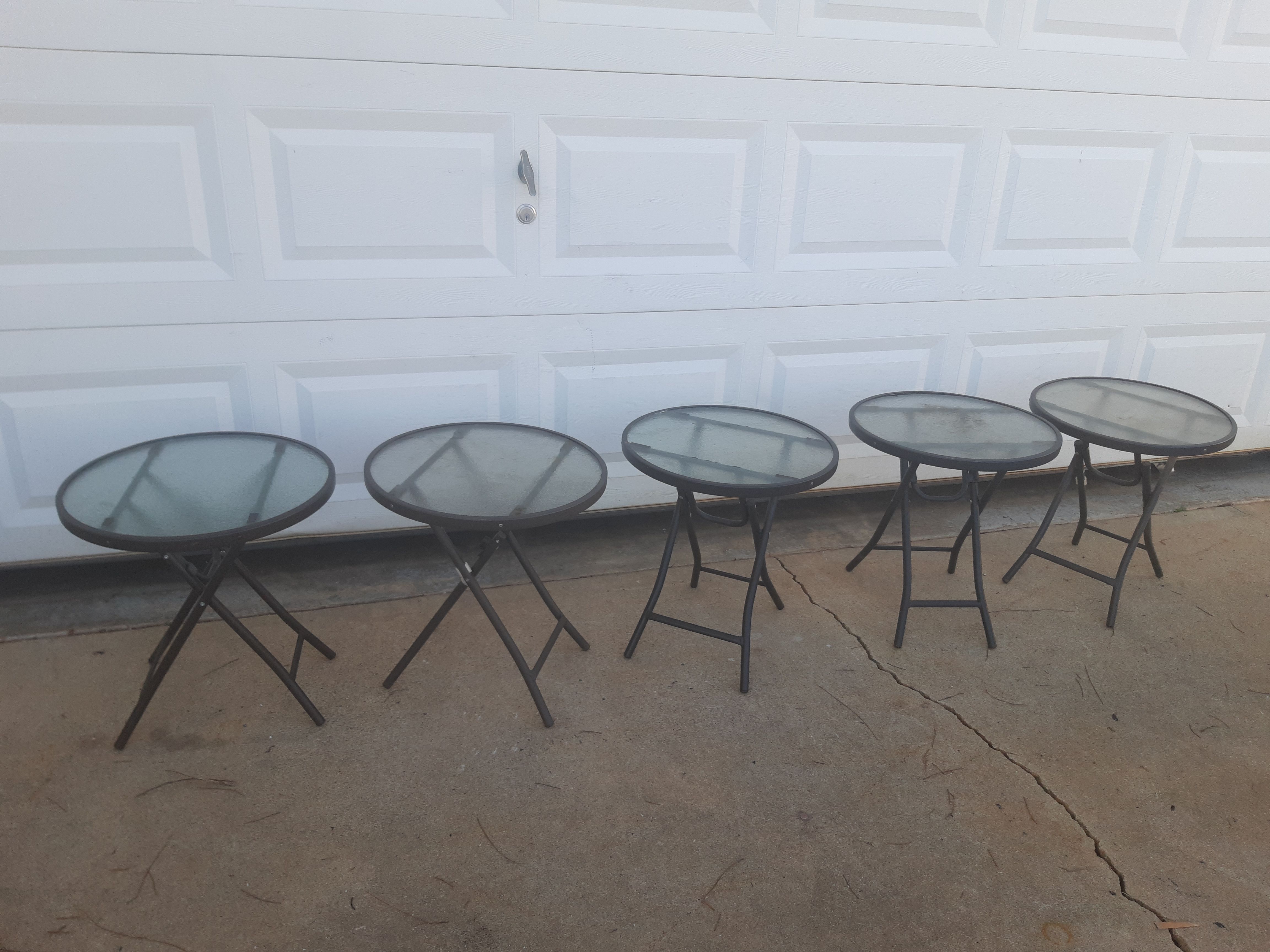 $15 each Small 18" inch pebbled glass metal diameter indoor outdoor folding cocktail side tables