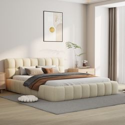 Katence Elegant Linen Platform Bed with Upholstered Headboard and Solid Frame Stability Queen Size Beige