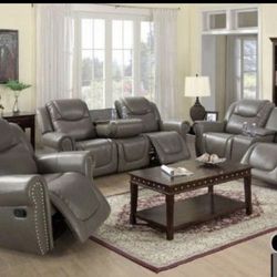 Grey Leather Fully Reclining Three Piece Couch Set