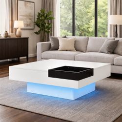White LED Coffee Table with Removable Tray – Modern Style