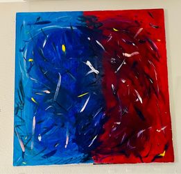 Original Abstract Painting Blue & Red:  Abstract painting featuring a split composition of bold blue & red with expressive, contrasting brushstrokes &