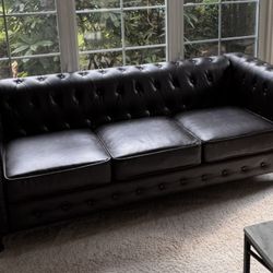 Leather Chesterfield Sofa for Living Room, Apartment or Office, Three Seater Mid Century Modern Couch, 82" W, Black